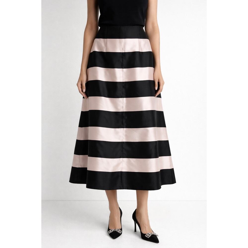 Mary Katrantzou Silk Black & Blush Striped Midi Skirt Formal Satin A-Line US 12